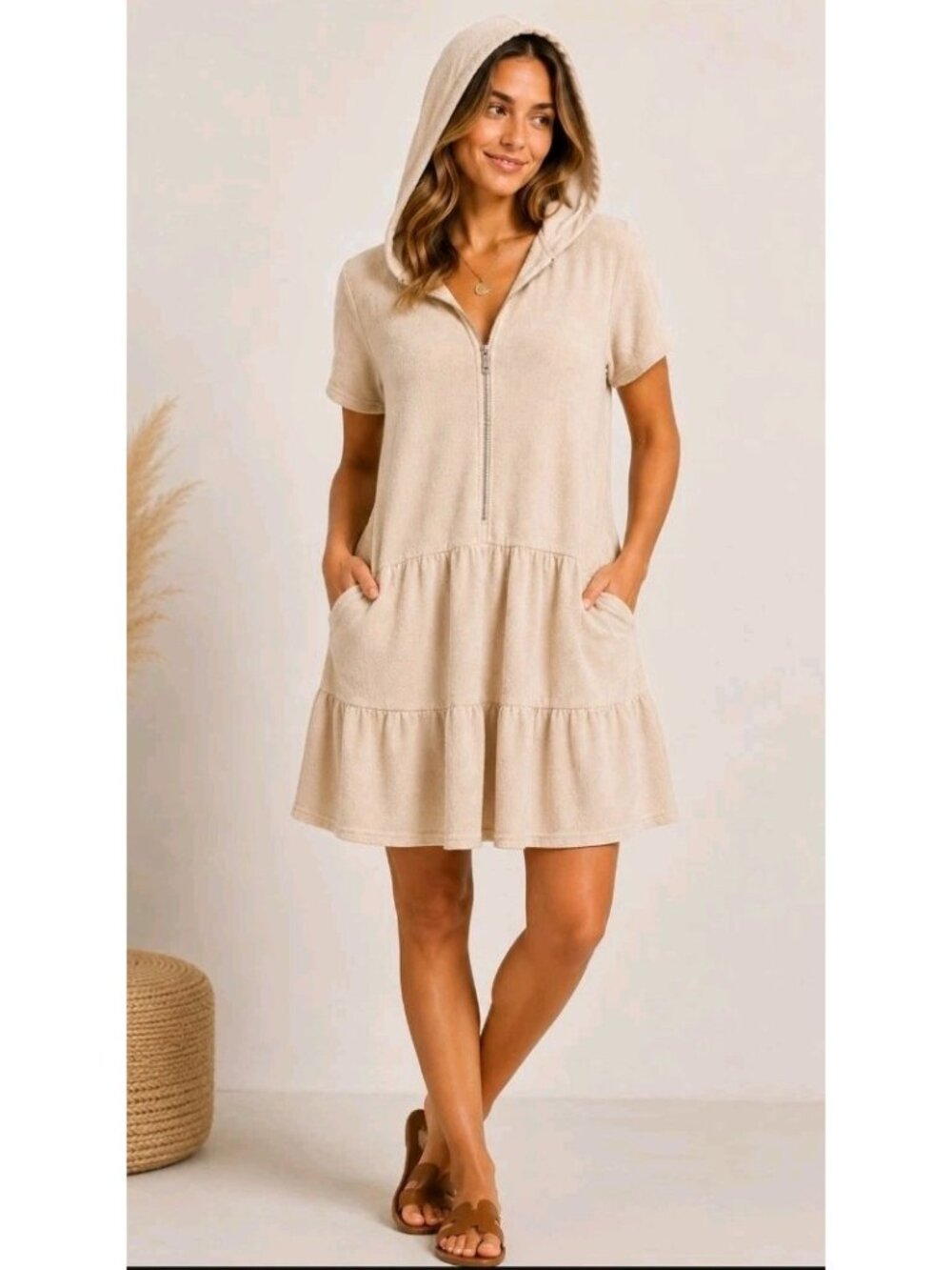 Weatherproof Terrycloth Hooded Dress Zip Tiered Beach Cover Up Pockets M Cream
